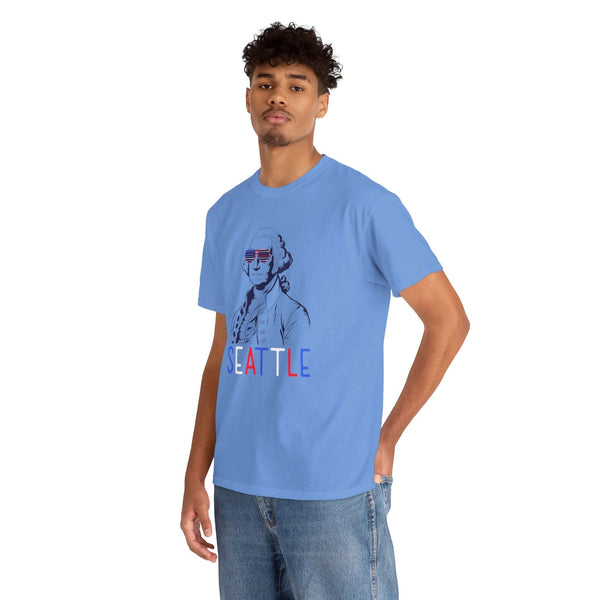 Seattle athletic tee featuring George Washington in USA shades, perfect for Independence Day celebrations.
