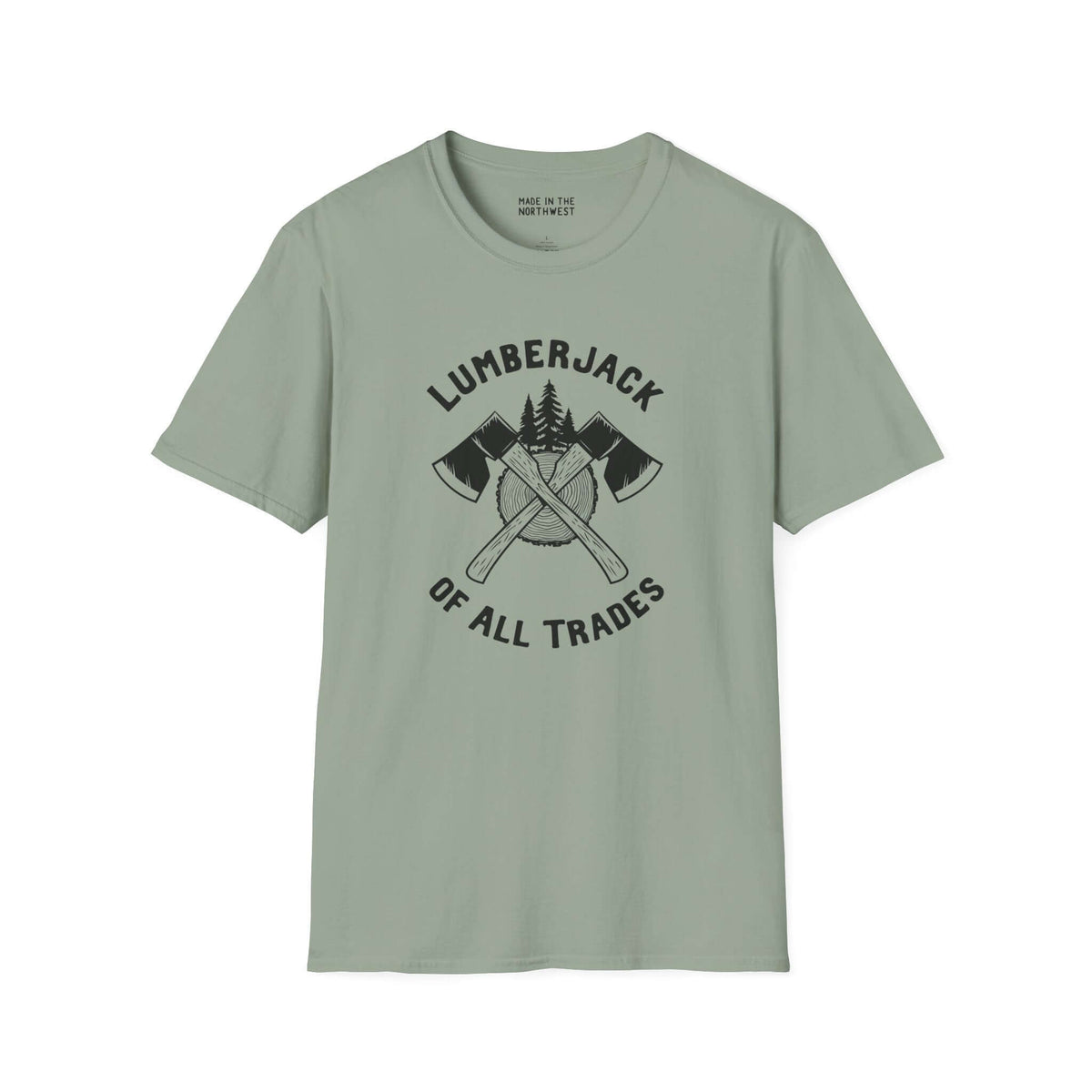 Lumberjack of All Trades softstyle t-shirt with crossed axes and tree design, perfect for hardworking individuals.