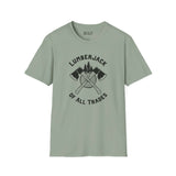 Lumberjack of All Trades softstyle t-shirt with crossed axes and tree design, perfect for hardworking individuals.