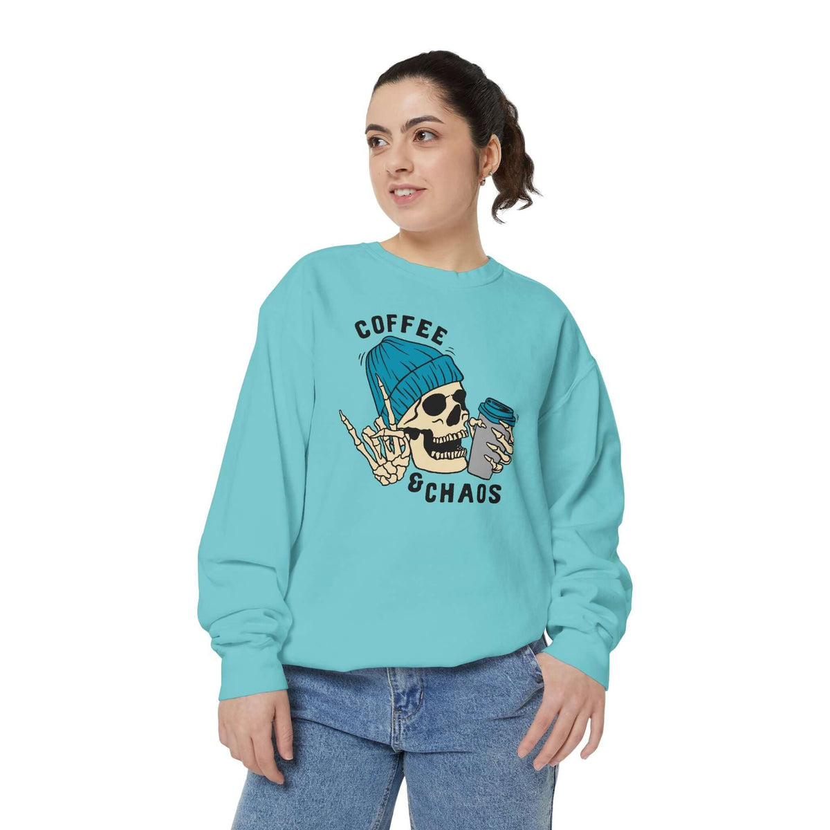 Coffee and Chaos Sweatshirt – Caffeinated Skeleton Crewneck worn by a model