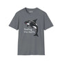 Feeling Fin-tastic Orca Whale Softstyle T-Shirt in gray with cheerful whale design, perfect for marine life lovers.