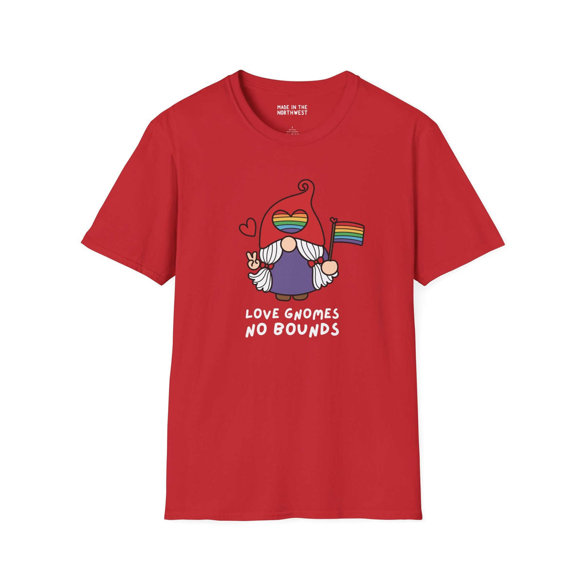 Red Love Gnomes No Bounds t-shirt featuring a gnome with a rainbow flag, celebrating love and inclusivity.