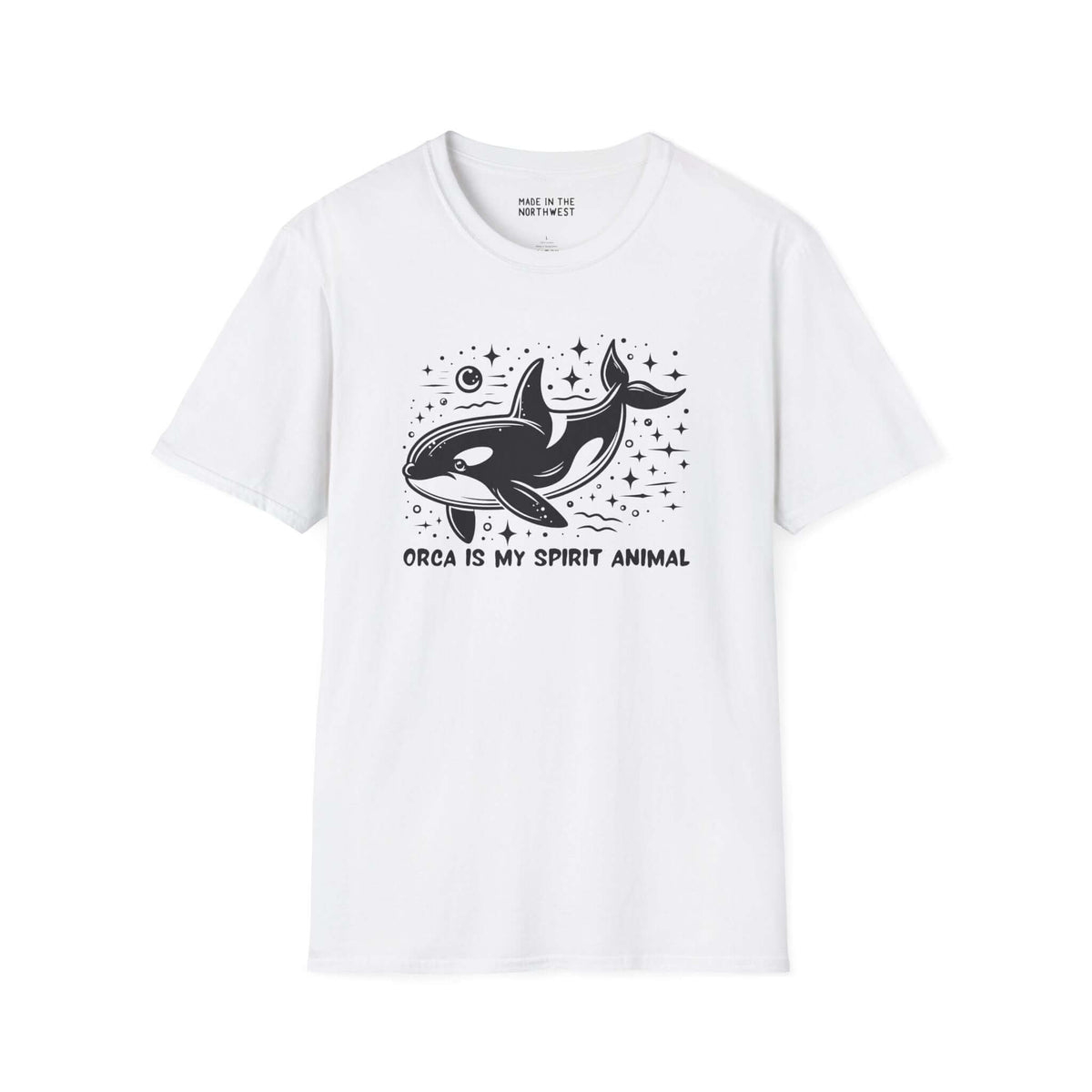 White t-shirt featuring 'Orca Is My Spirit Animal' design with a graphical orca and starry background.