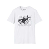 White t-shirt featuring 'Orca Is My Spirit Animal' design with a graphical orca and starry background.