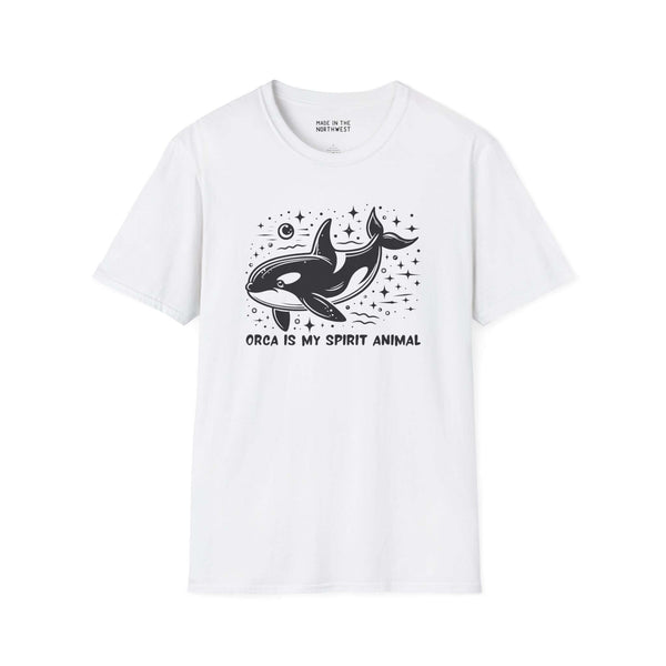 White t-shirt featuring 'Orca Is My Spirit Animal' design with a graphical orca and starry background.