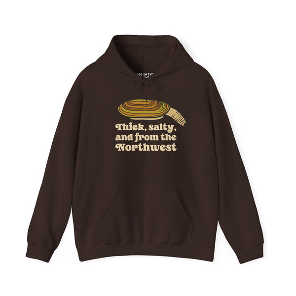 Thick and salty geoduck clam hoodie featuring funny design for Pacific Northwest seafood lovers.