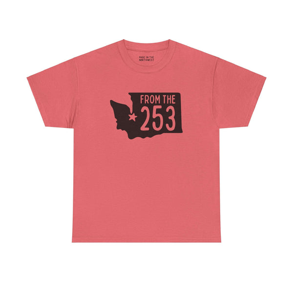 Red "From the 253" athletic tee with Washington state silhouette and Tacoma star, showing local pride and area code representation.