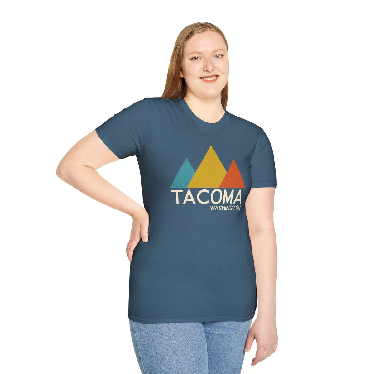 Modern Peaks Tacoma T Shirt worn by a model showcasing minimalist mountain design and Tacoma text.