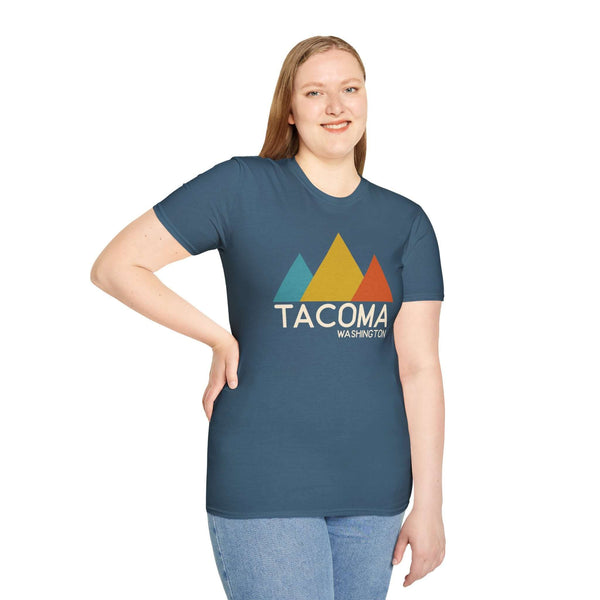 Modern Peaks Tacoma T Shirt worn by a model showcasing minimalist mountain design and Tacoma text.