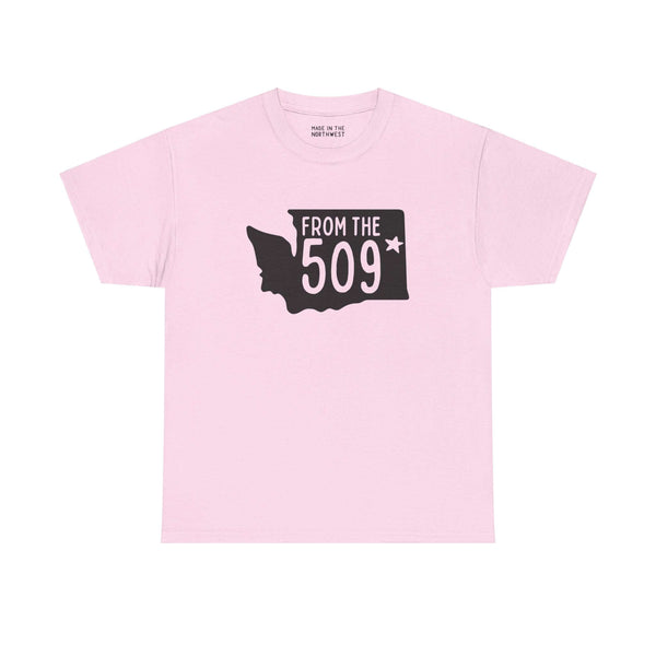 Pink "From the 509" tee with Washington state silhouette and Spokane star, celebrating local pride with bold text.