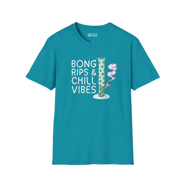 Bong Rips & Chill Vibes softstyle t-shirt in teal, featuring a fun graphic design with a bong and smoke.