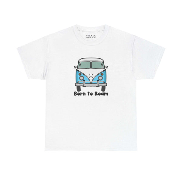 Born to Roam athletic tee with blue vanagon bus and peace sign for free-spirited wanderers.