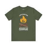 Life's Better Around the Campfire T Shirt featuring a campfire design on an olive green background.
