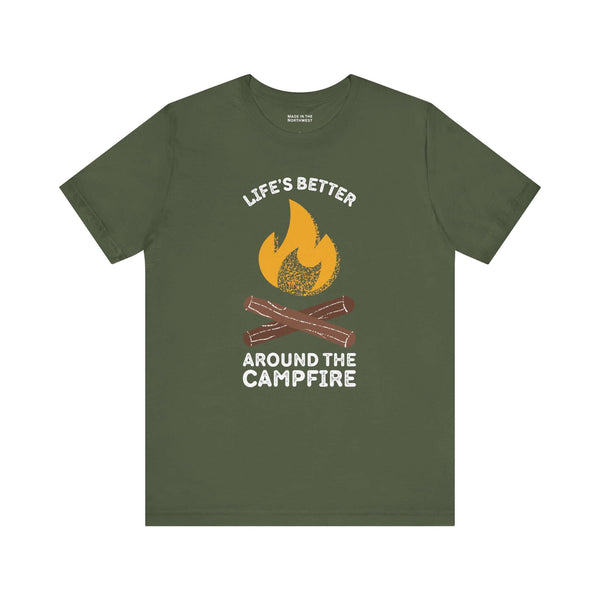 Life's Better Around the Campfire T Shirt featuring a campfire design on an olive green background.