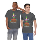 Two models wearing Say Hello to My Little Friend Premium Soft Tees with a gnome and humorous design.