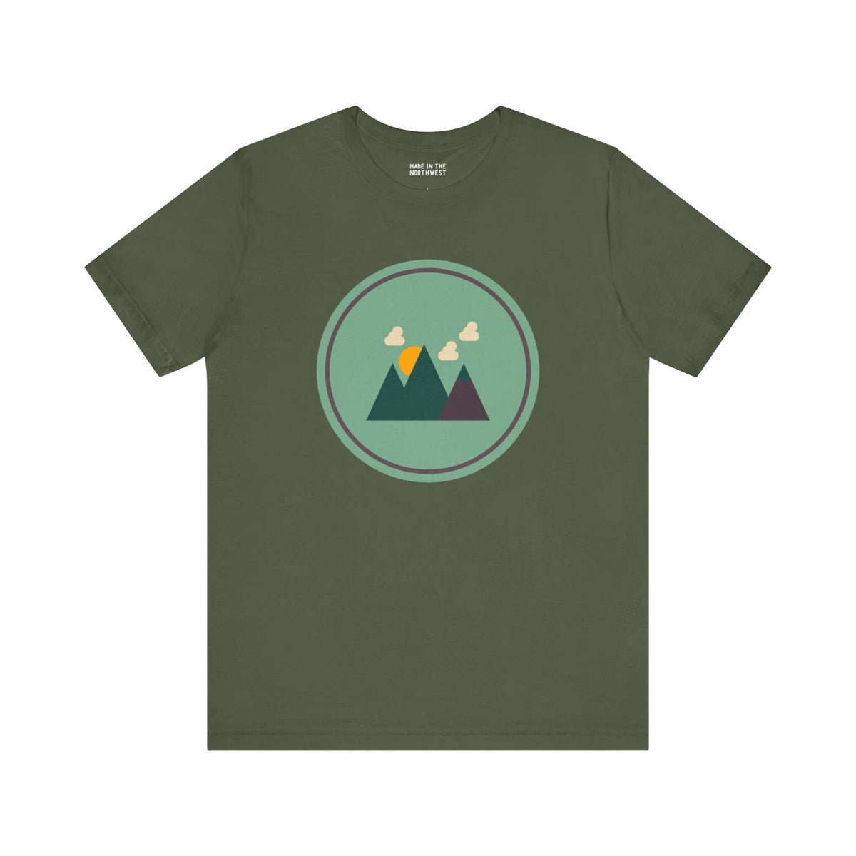 Minimalist forest design tee in green with mountain silhouette, perfect for nature lovers and outdoor enthusiasts.