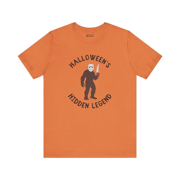 Halloween's Hidden Legend Bigfoot tee shirt featuring a Sasquatch dressed as Jason with a knife in hand.
