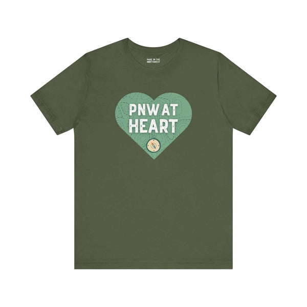 "PNW at Heart Compass Soft Tee in green with compass design, perfect for Pacific Northwest lovers and adventure seekers"