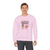 Light pink sweatshirt with 'Support Your Local Caffeine Dealer' graphic and cartoon coffee cups.