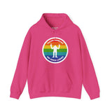 Pink hoodie with rainbow Sasquatch graphic, 