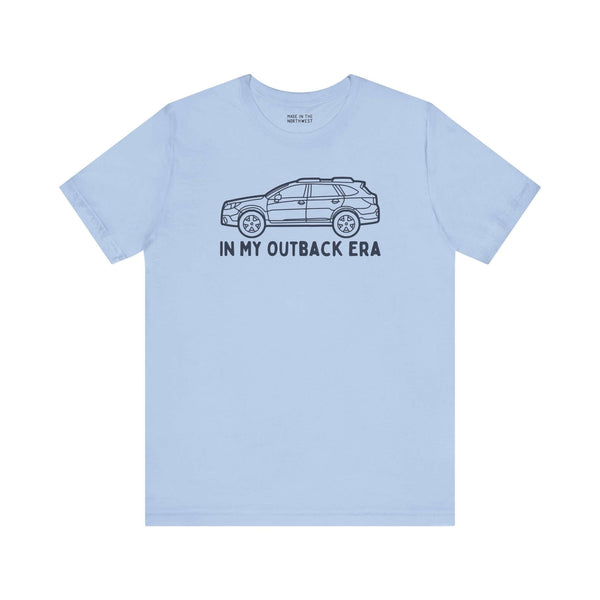 Light blue tee featuring a Subaru Outback graphic and 'In My Outback Era' text, perfect for car lovers and outdoor enthusiasts.