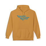 Locally Hated hoodie in mustard color with retro script design on the front, made from soft midweight fleece.