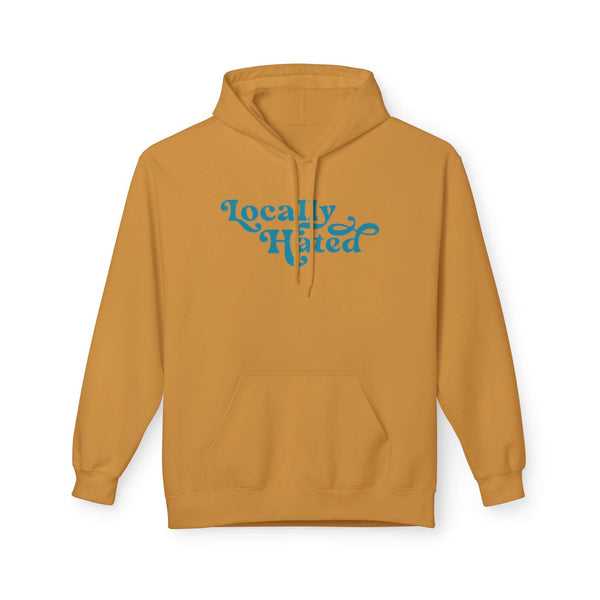 Locally Hated hoodie in mustard color with retro script design on the front, made from soft midweight fleece.