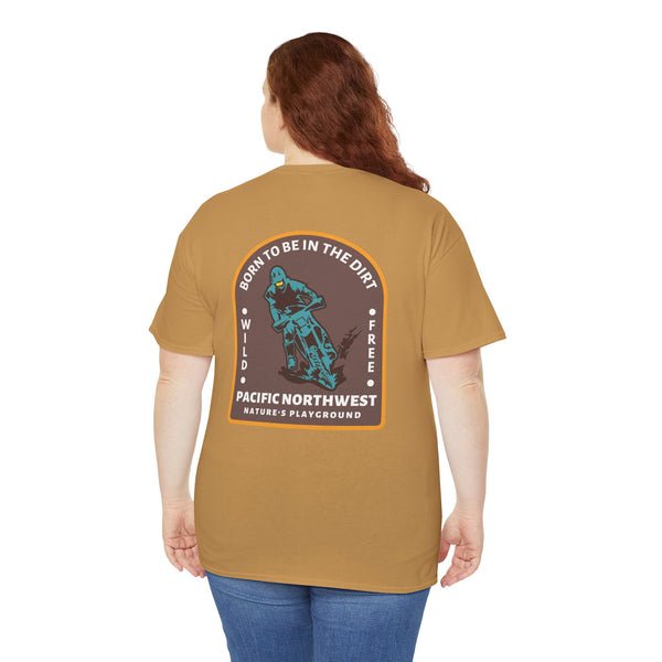 Back view of a beige Born to Be in the Dirt athletic tee featuring outdoor adventure graphics and Pacific Northwest design.