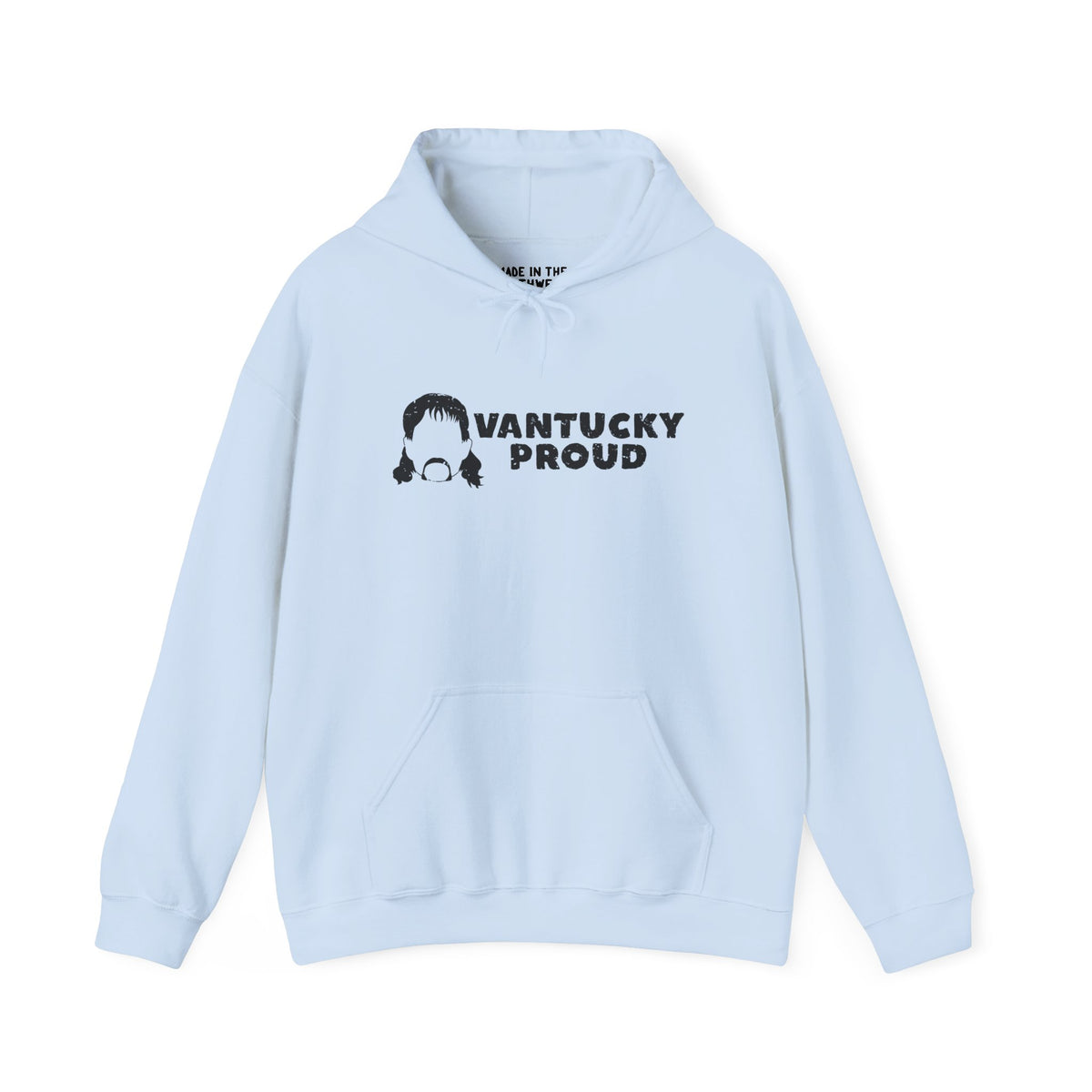 Light blue Vantucky Proud hoodie featuring Rusty McCoy design, showcasing cozy style and local pride.