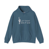 Blue hoodie with 'Let That Shit Go' text and skeleton hand peace sign, promoting a chill, stress-free vibe.