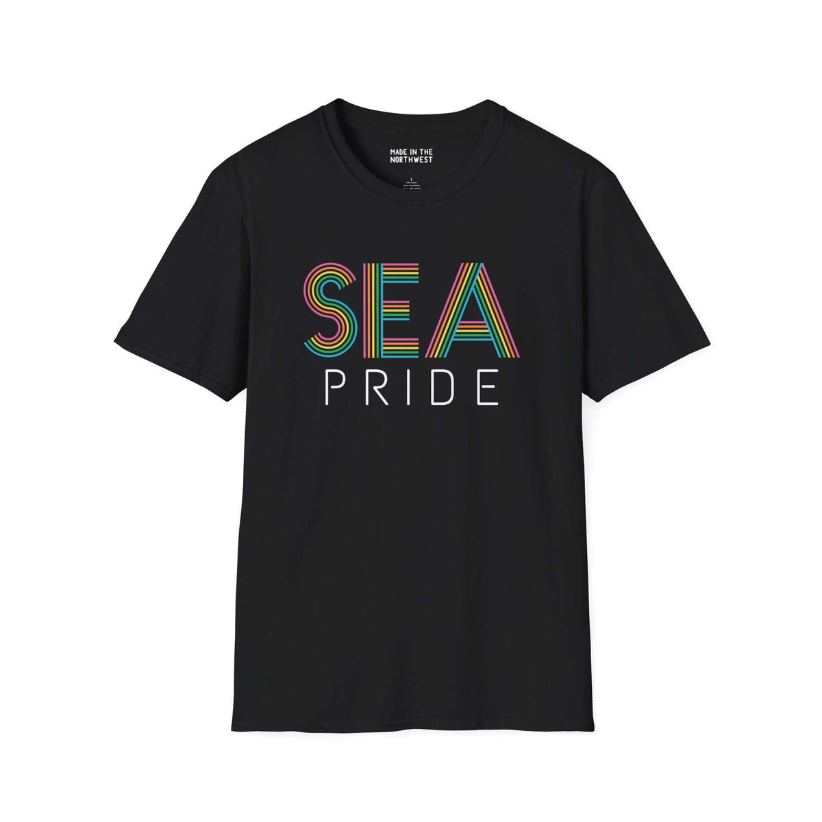 Black t-shirt featuring colorful SEA Pride rainbow lettering, celebrating Seattle's identity and community.