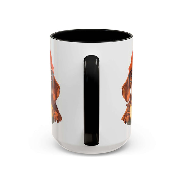 Hipster Dog Mug featuring a playful design of a dog wearing a red hat on a white background.
