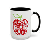 Best Teacher Ever Mug with a red apple graphic and black handle and interior.