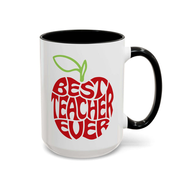 Best Teacher Ever Mug with a red apple graphic and black handle and interior.