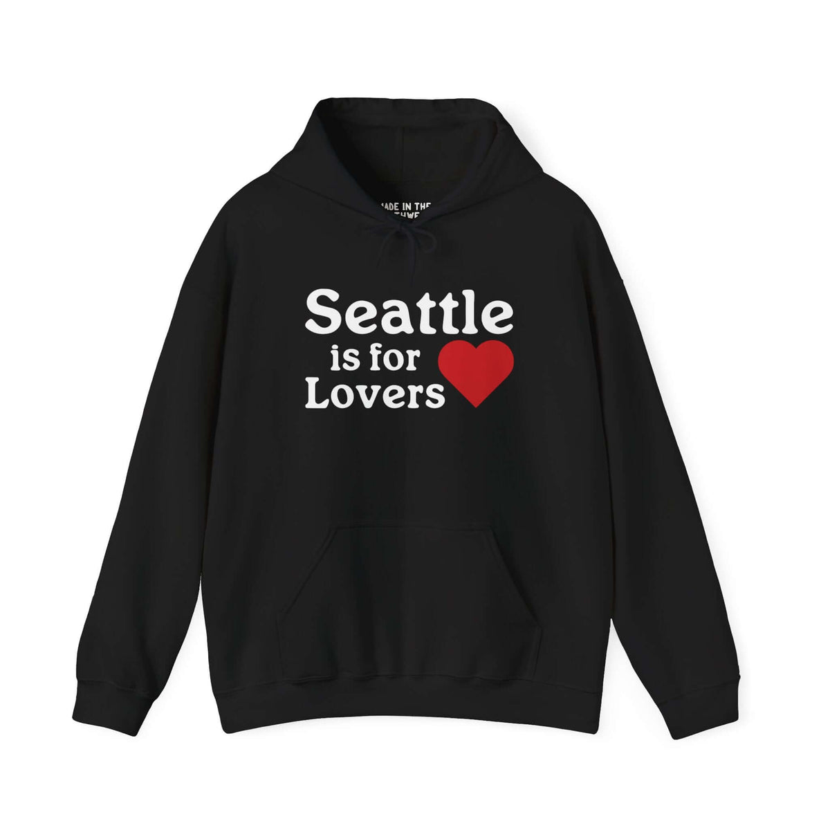 Black hoodie with "Seattle is for Lovers" text and a red heart graphic.