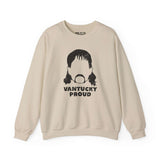 Vantucky Proud Rusty McCoy sweatshirt, showcasing a minimalist design in beige with bold black graphic.
