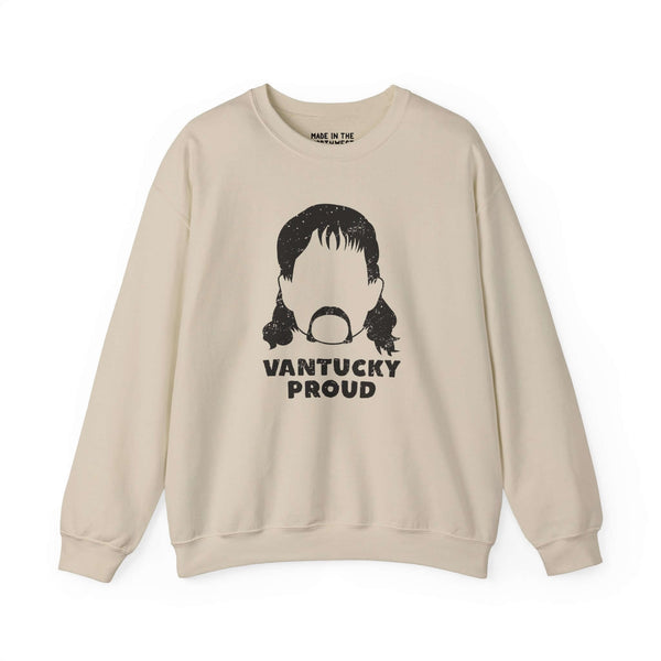 Vantucky Proud Rusty McCoy sweatshirt, showcasing a minimalist design in beige with bold black graphic.