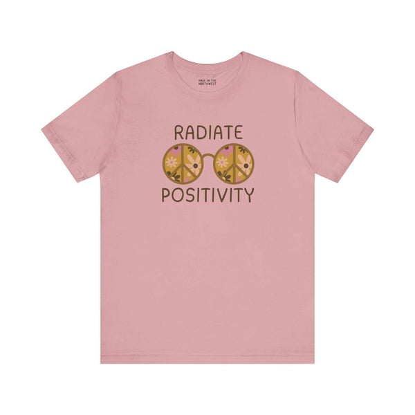 Radiate Positivity premium soft tee with vibrant floral glasses design, perfect for free spirits and optimists.