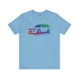 In AWD We Trust tee featuring a slammed Subaru WRX wagon design on a light blue soft t-shirt.