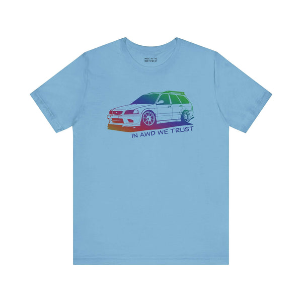 In AWD We Trust tee featuring a slammed Subaru WRX wagon design on a light blue soft t-shirt.