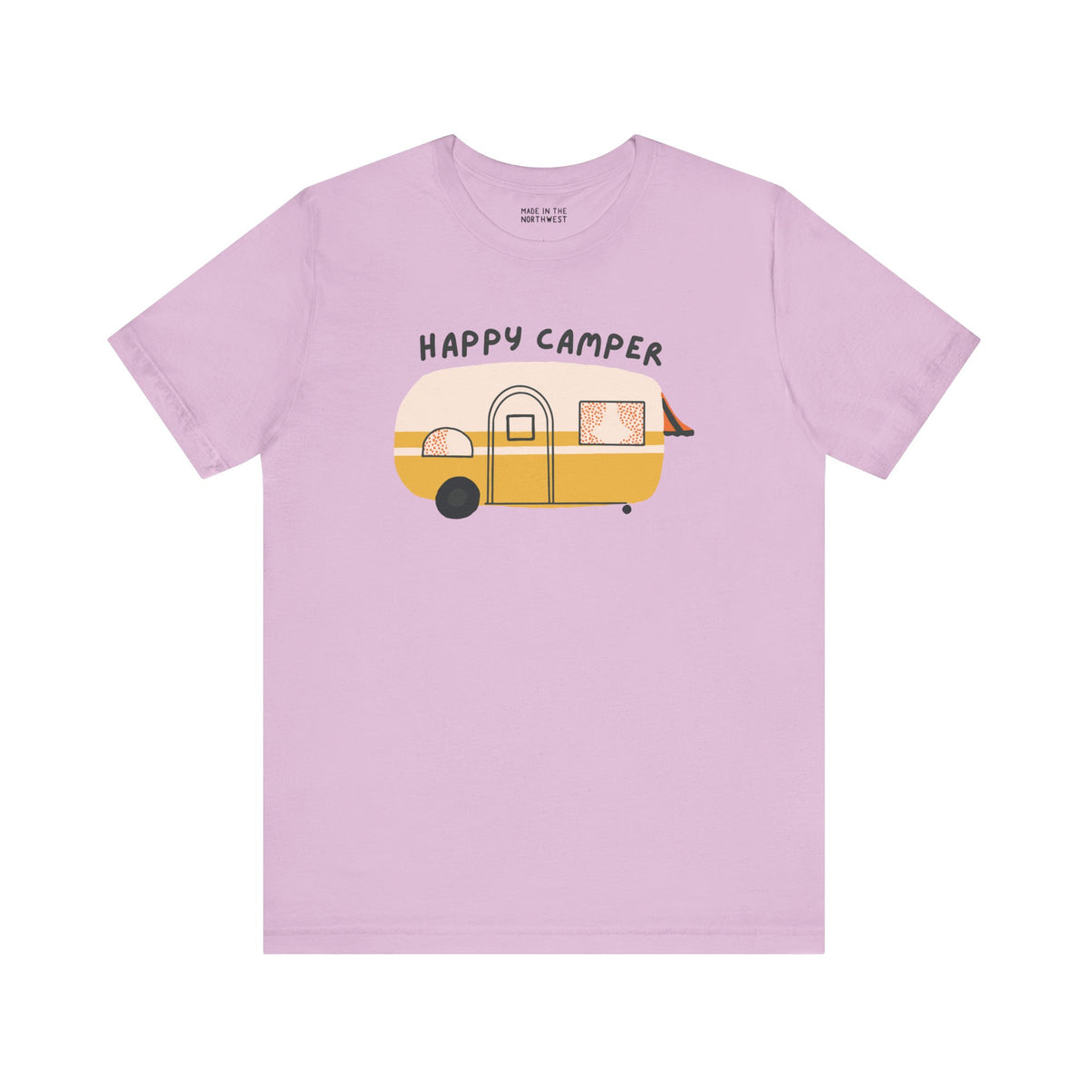 Happy Camper Adventure Premium Soft Tee featuring a vintage camper design, perfect for camping and road trips.