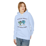 Light blue hoodie with playful text 'Sorry for What I Said Before Coffee' and cartoon coffee cups design.