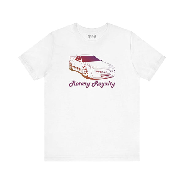 White Rotary Royalty tee featuring a Mazda RX-7 design, perfect for JDM car enthusiasts and Mazda fans.