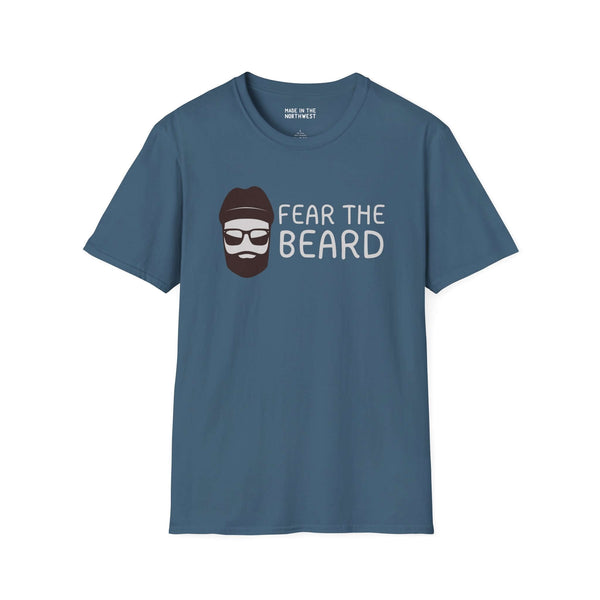 Fear the Beard Lumberjack Softstyle T-Shirt in blue featuring a humorous graphic of a bearded man.