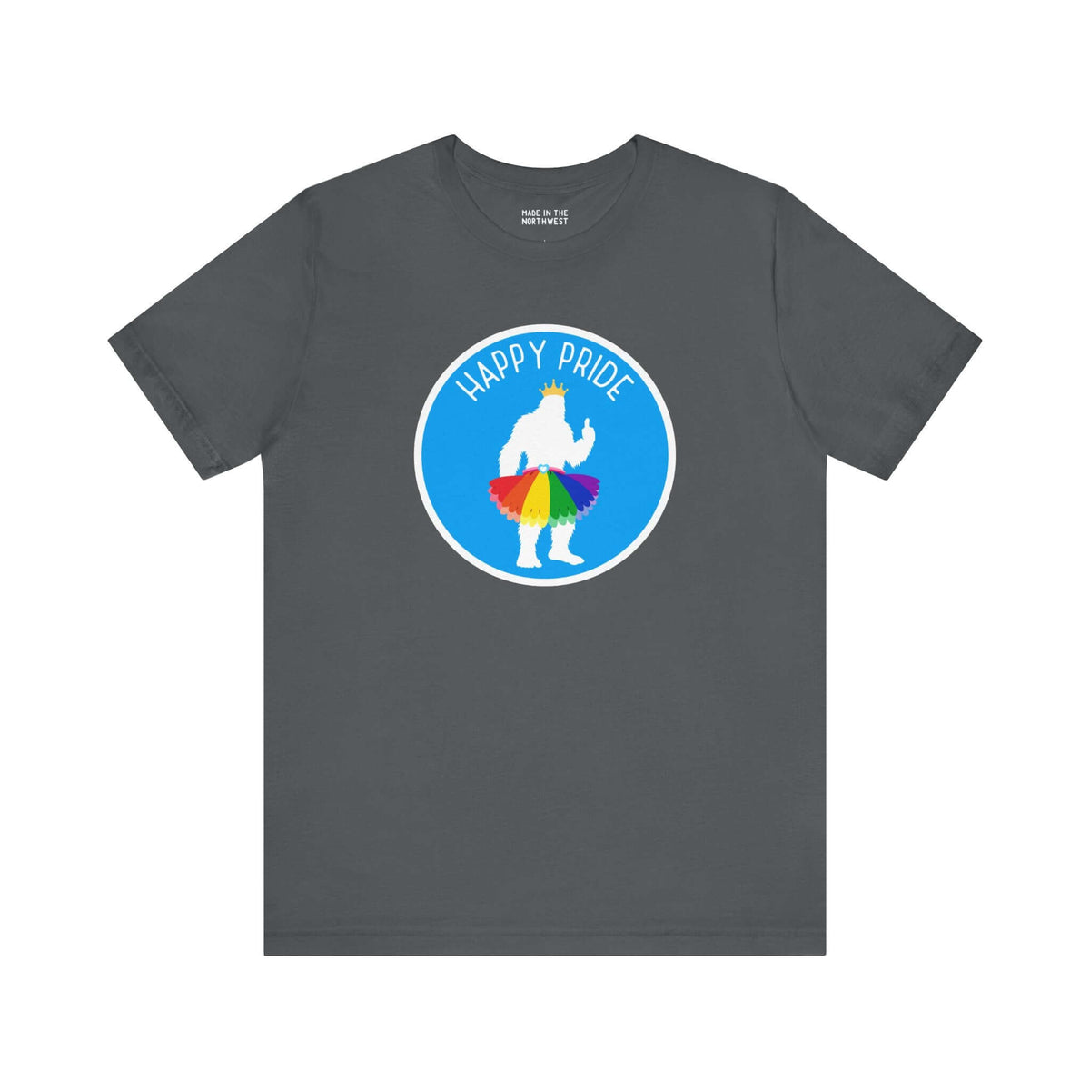 Bigfoot wearing a rainbow tutu on a 'Happy Pride' shirt, perfect for celebrating Pride events in style.