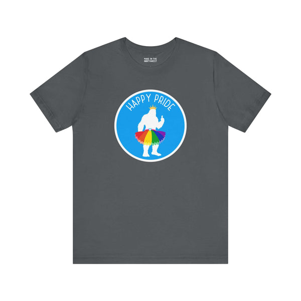 Bigfoot wearing a rainbow tutu on a 'Happy Pride' shirt, perfect for celebrating Pride events in style.