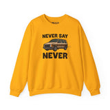 Never Say Never vintage 80s sweatshirt with Dodge Caravan graphic in yellow, perfect for casual wear.