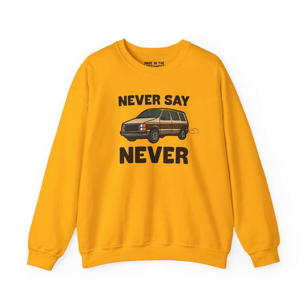 Never Say Never vintage 80s sweatshirt with Dodge Caravan graphic in yellow, perfect for casual wear.