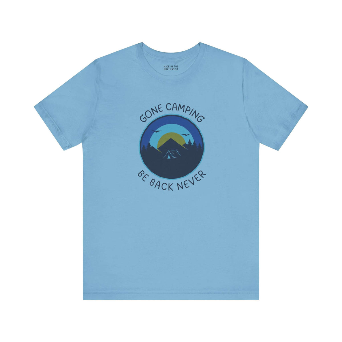 Gone Camping Be Back Never premium soft tee in light blue, featuring a camping design and unisex fit for outdoor lovers.