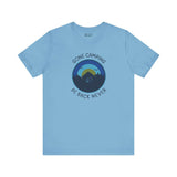 Gone Camping Be Back Never premium soft tee in light blue, featuring a camping design and unisex fit for outdoor lovers.